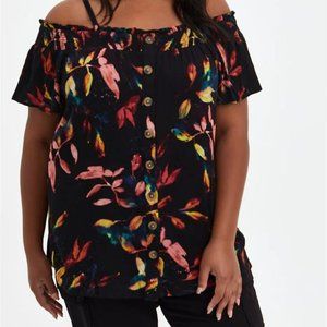 Torrid Smocked Cold-Shoulder Blouse Black Leaf Print - size 2X (18/20)